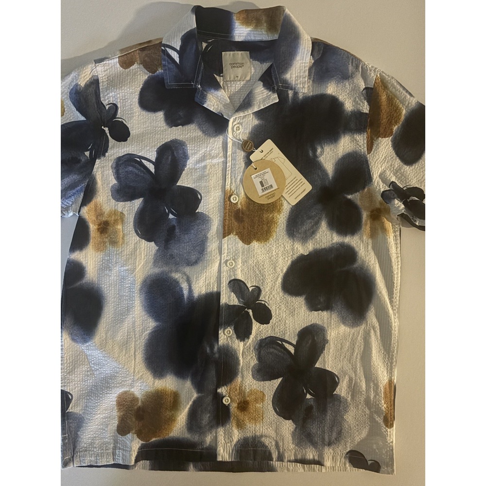 NWT Common People Poppy M Shirt Navy Seersucker Floral Camp Collar Mens Medium